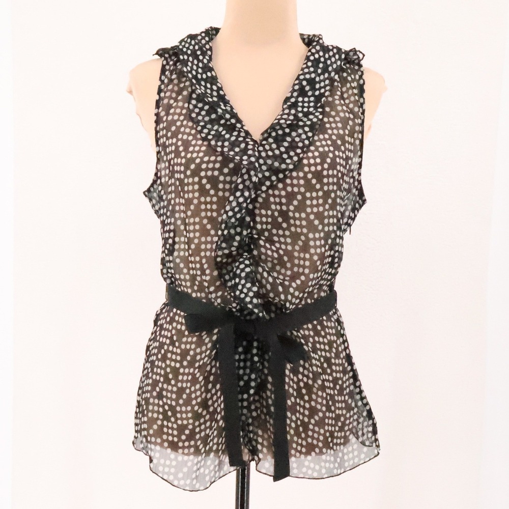 Sheer Polka Dot Ruffle Top Womens Size M Black White Office Siren Belt Zipper